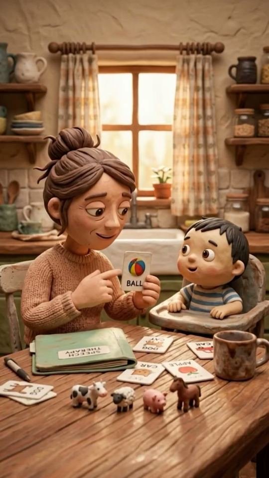 Clay-style mother and toddler at a kitchen table with learning cards