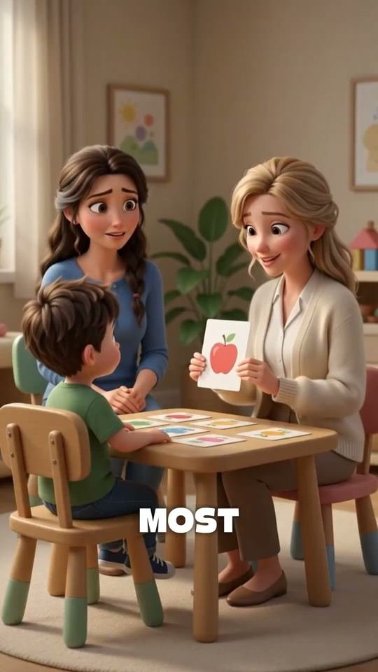 Pixar-style 3D scene of a mother, a child and a teacher at a table with flashcards